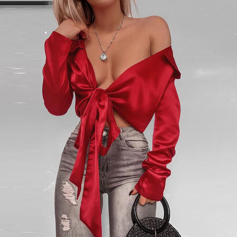 

hirigin Tops Blouses Shirt For Girl Ladies Women Satin Blouse With Bow Tie V-neck Satin Shirt Elegant Long Sleeve Tops