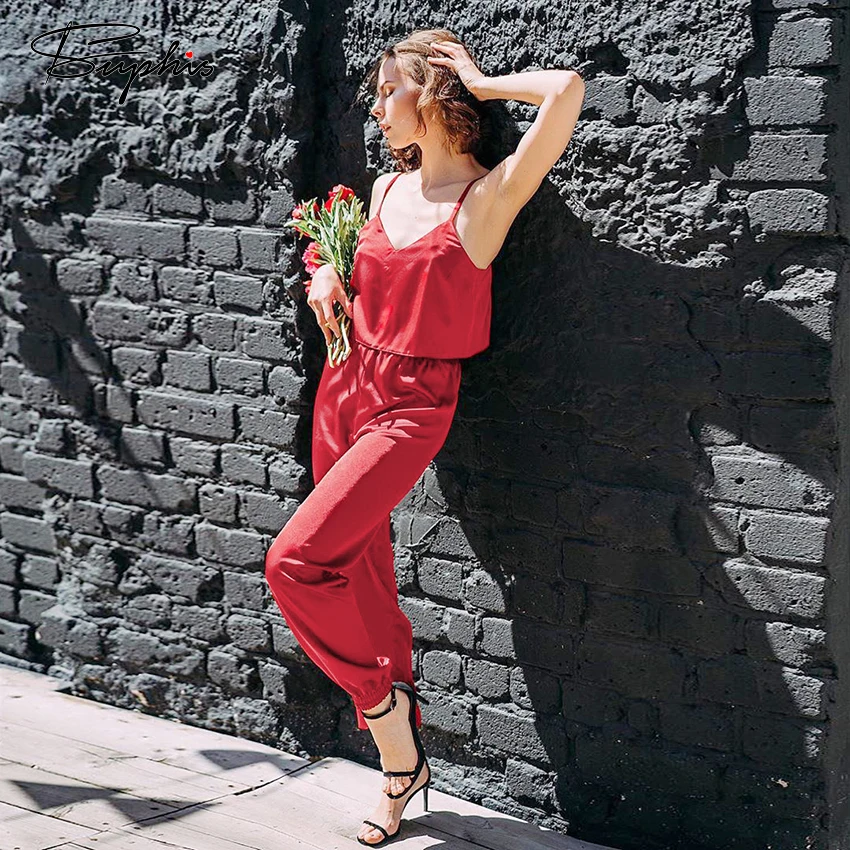 

Suphis Sexy V Neck Nightgown Red Pajama Satin Spaghetti Strap Cami Top With Silk Pants Female Summer Sleepwear Home Female Set