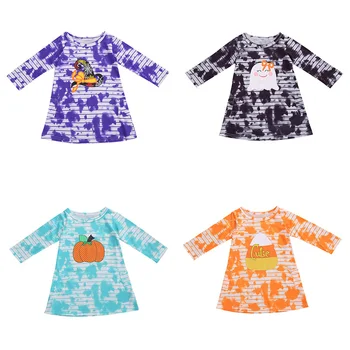 

Baby girls fall/winter tie dye dress outfits girls Halloween pumpkin ghost wizard pattern dress long sleeve tie-dyeing dresses