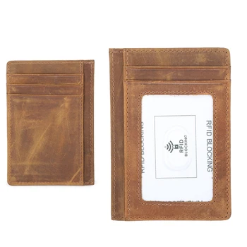 

RFID Blocking Crazy Horse Genuine Leather Card Holder Women Men High Quality Card cover Coin Bank Credit Card Case Slim Wallet