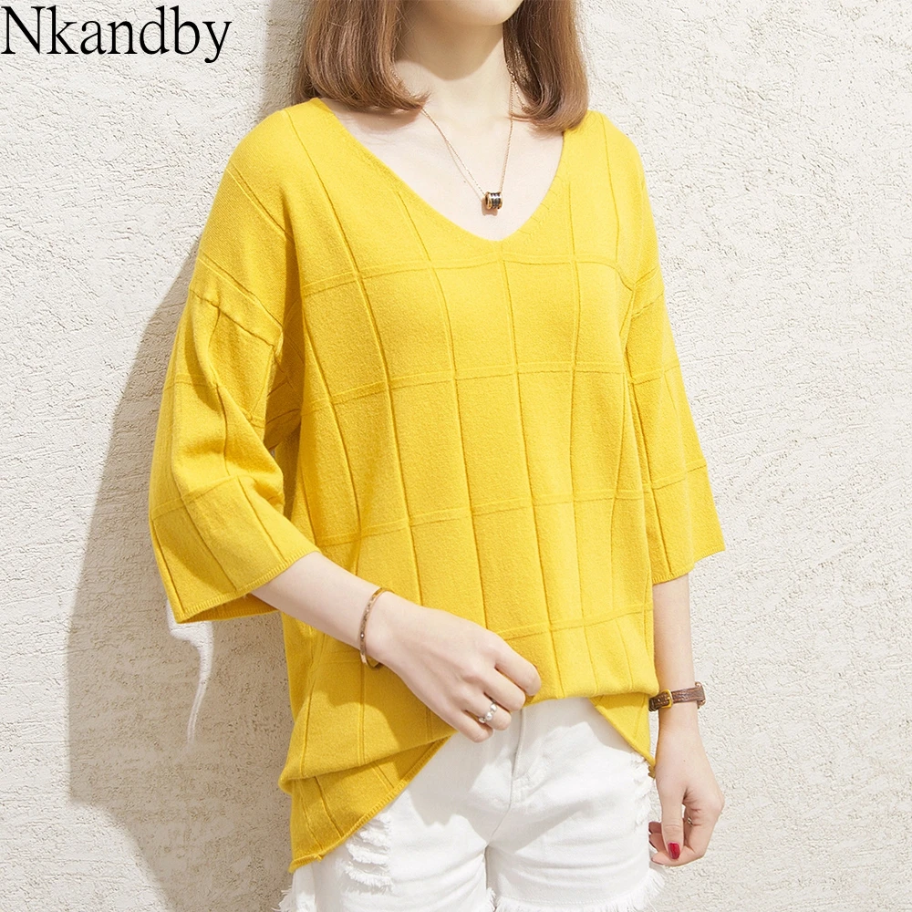 

Plus Size V Neck Knitted Tops T Shirts 2020 Spring Summer Women Trendy Loose Plaid Knit T-shirt Oversize Korean Street Knitwear