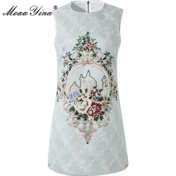 

MoaaYina High Quality Fashion Designer dress Summer Women's Dress Sleeveless Print Beading Dresses