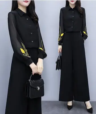 Новые продукты женский костюм Весна черная шифоновая рубашка+ Высокая талия широкие брюки Модный комплект из двух предметов женский - Цвет: Black