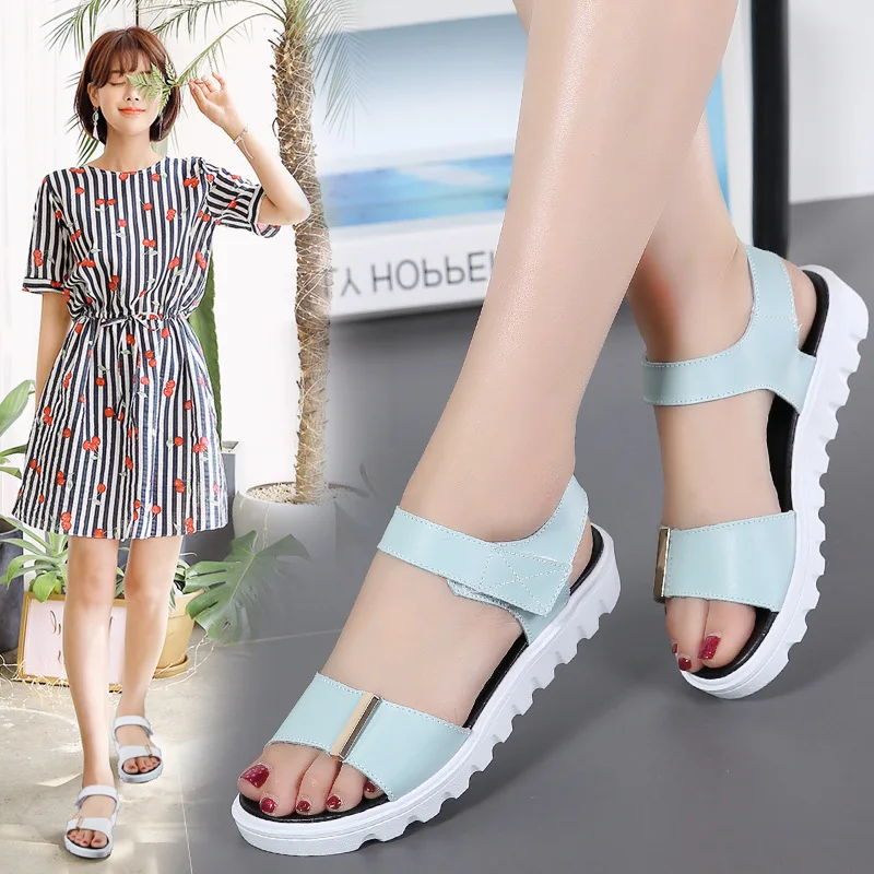

New Summer Genuine Leather Solid Color Flat Velcro Students Sandals Casual Korean-style Women's Big CHILDREN'S Shoes Anti-slip V