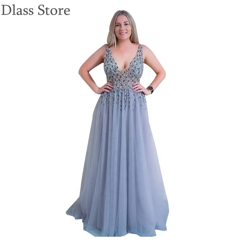 

Gray Evening Dress Tank Sleeveless Sexy Deep V-neck A-line Floor Length Beading Sequin Backless Prom Dress  