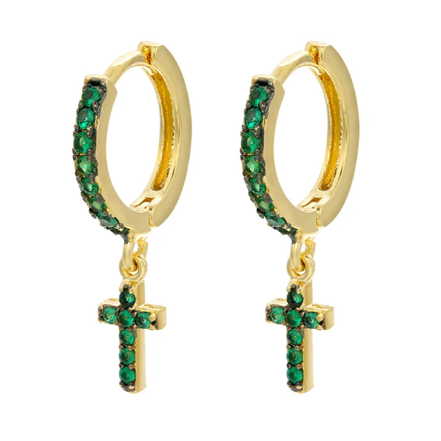 ZHUKOU 2021 NEW Gold/Silver color small hoop Earrings crystal mini cross hoop earrings for women Fashion jewelry wholesale VE355 gold green