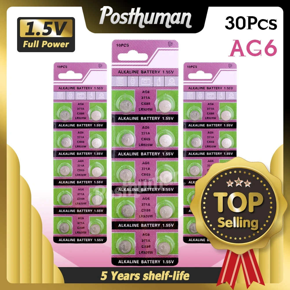 30 шт. щелочные батарейки AG6 1 55 в кнопочные 371 SR920SW LR920 SR927 171 370 L921 LR69 SR920 для часов |