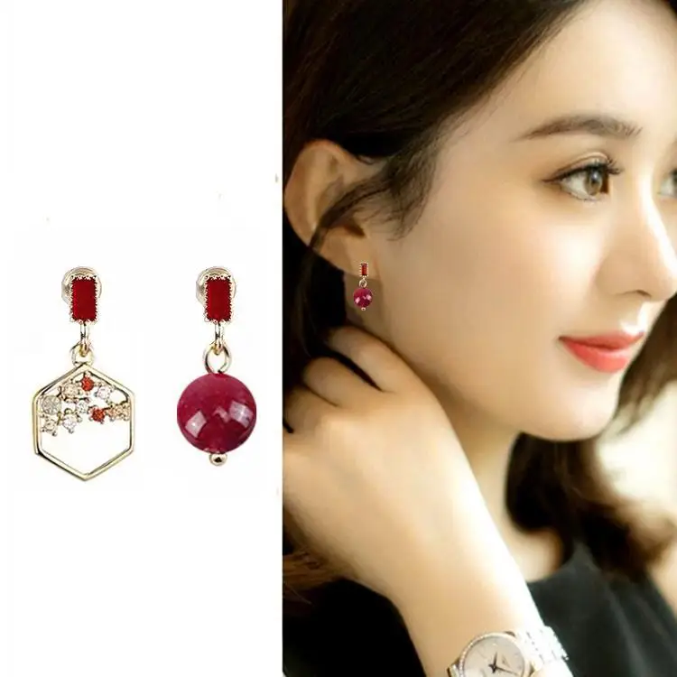 

needle Red Pearl asymmetric Earrings Baroque retro net Red Fashion Earrings Tassel Earrings wholesale