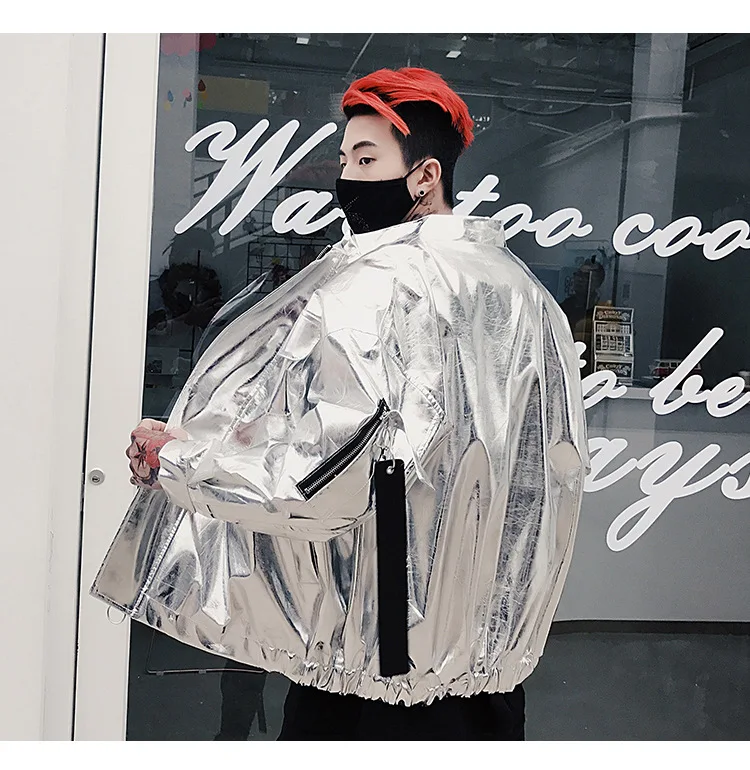 

Bright Japanese Streetwear Jackets Pink Sliver Faux Leather Overcoats Fashion Casual Windbreaker Hip Hop PU Jacket