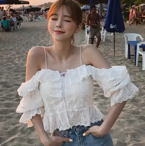  Korean 2019 All-Match sexy shoulder off Shirts Summer New Fashion Casual High Quality Slash Neck So