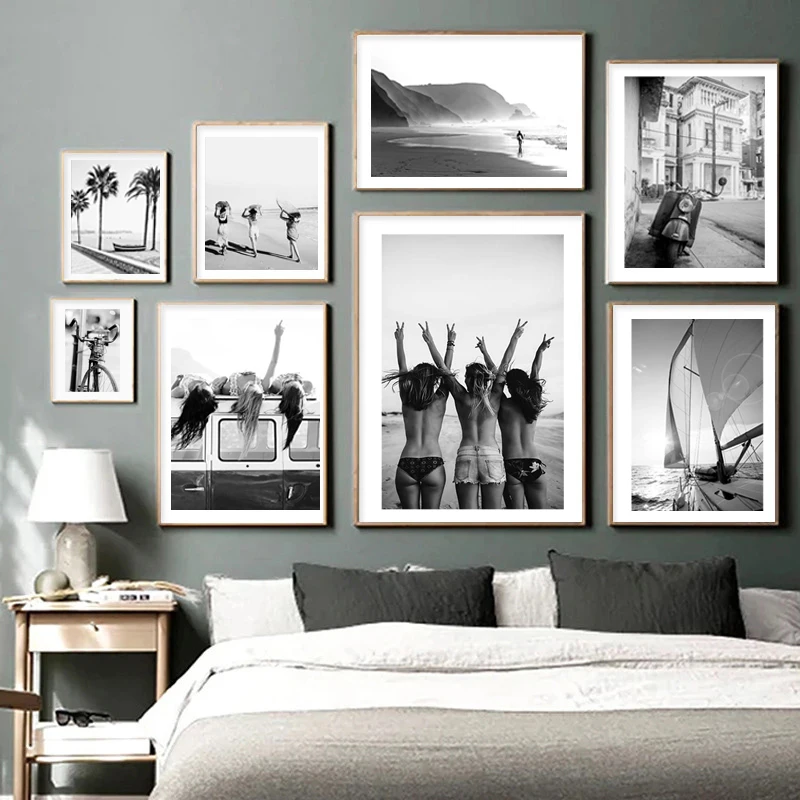 Black White Tropical Travel Landscape Poster Print Beach Bus Sailboat Wall Art Canvas Painting Nordic Picture Living Room Decor | Дом и сад