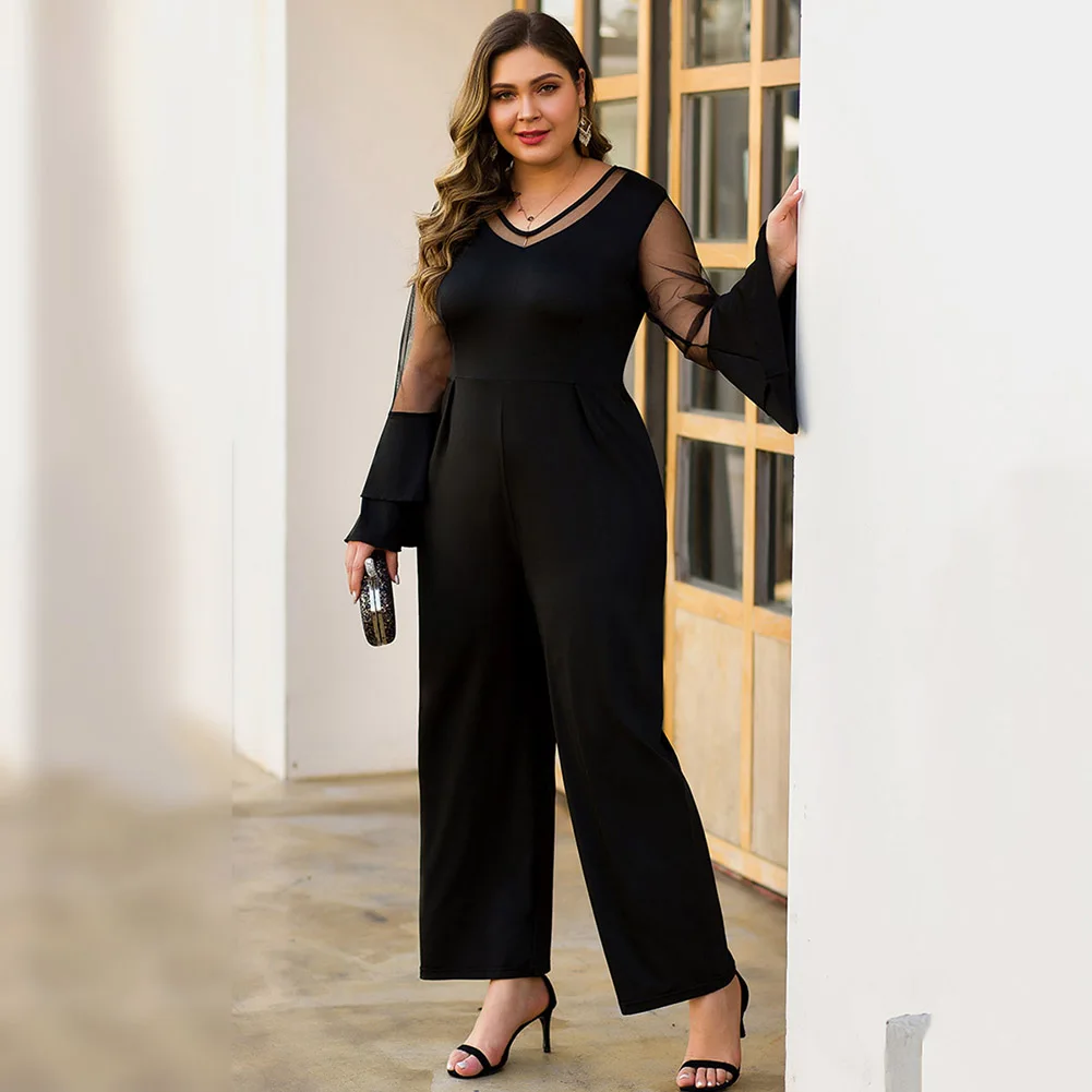 Autumn Large size Rompers Flare sleeve Sexy V Neck Womens Jumpsuit Ladies Party Regular Mesh Sleevee Club Wide Leg Pants