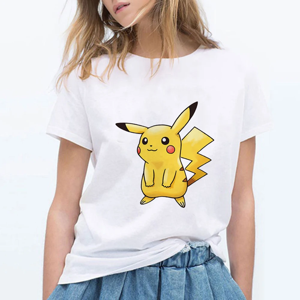 Новые модные женские туфли футболки Pokemon kawaii футболка аниме Pika Для женщин футболка Пикачу футболка хлопок короткий рукав для девочек Футболки-топы