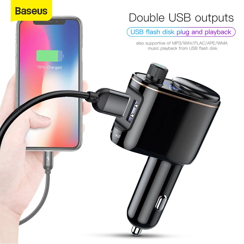 Baseus Bluetooth автомобильное зарядное устройство 3.4A двойное USB быстрое fm-передатчик