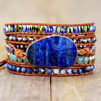 Exclusive Wrap Bracelets with Natural Stones Lapis Lazuli Leather Strap Woven Beads Bracelets Jewelry Femme Dropshipping
