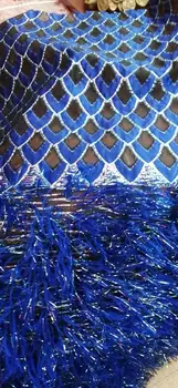

Wholesale French fringed lace fabric with feather high quality handmade African glitter sequined fabric for royal wedding dress