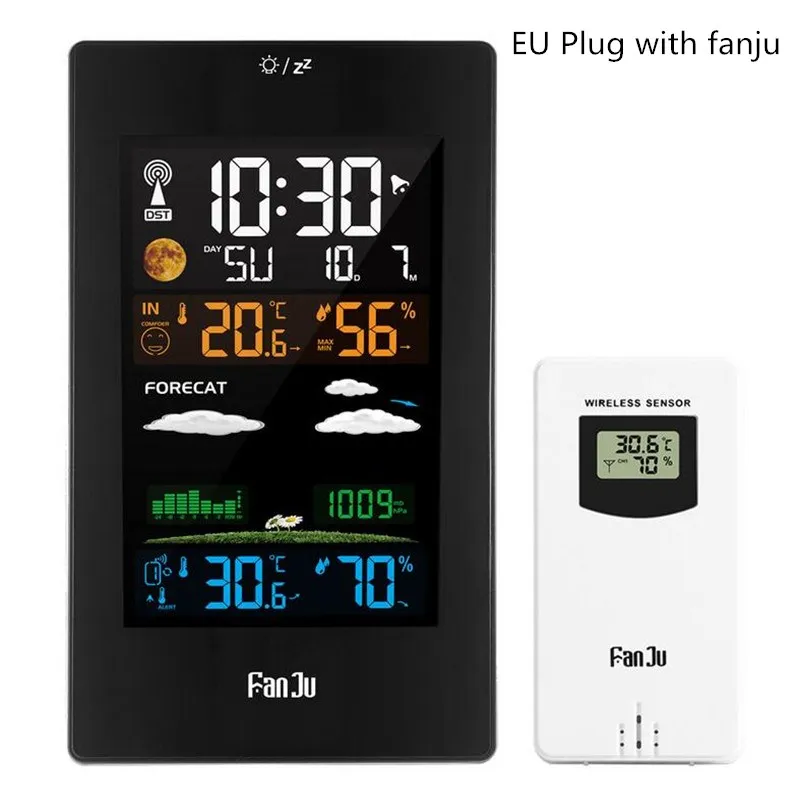 FanJu FJ3389 настольные часы метеостанция Цифровой термометр гигрометр беспроводной датчик ЖК-дисплей календарь с европейской вилкой/USB - Цвет: EU Plug with fanju