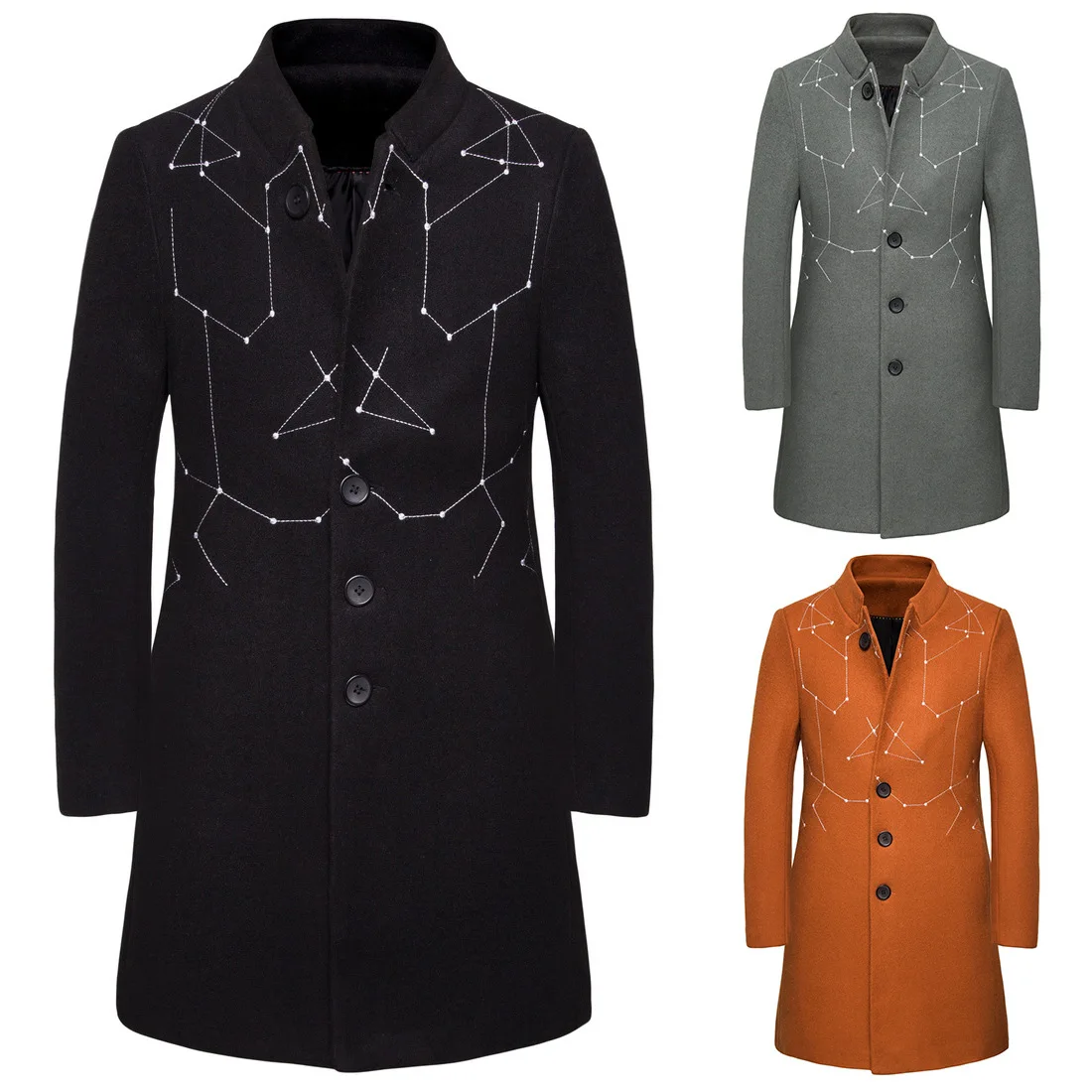 Autumn New Style Embroidered Solid Color Men Mid-length Casual Woolen Cloth Coat Yf01