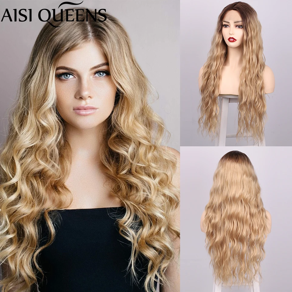 AISI QUEENS Lace Front Long Ombre Blonde Wavy Wig Synthetic Wigs for Women High Temperature Fiber Middle Part Hairline
