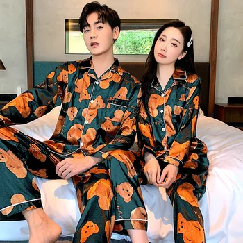 

Couple Pajamas Sets Plus Size 2XL Silk Sleepwear Men Home Long Sleeve &Pants Pyjamas Loose Elastic Silk Women Pajamas Set