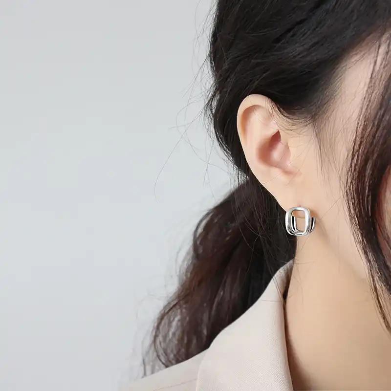 S925 Серебряная Ушная Кнопка геометрический квадратный ажурный трехмерной женские серьги
