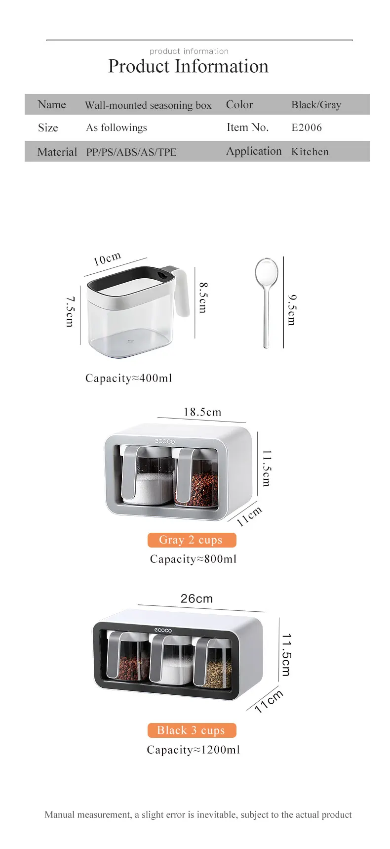 Ecoco Wall Mount Spice Rack Sugar Bowl Salt Shaker Seasoning Container Spice Boxes description image 18