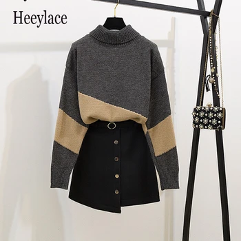 

women turtleneck knitted sweater skirt suit women 2019 winter autumn loose sweater top and skirt 2 piece set warm matching set