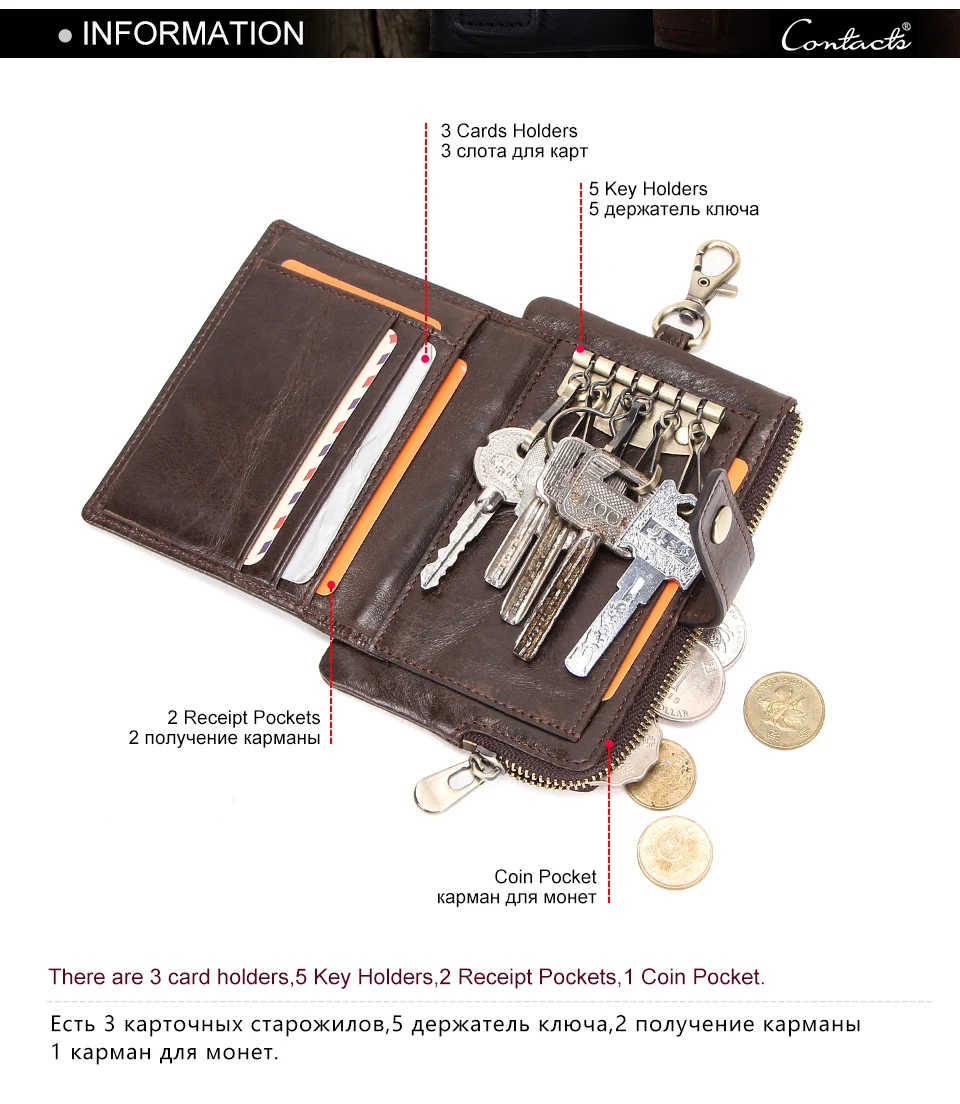 Contact's Genuine Leather Men Key Wallet With Zipper Coin Purse Credit Card Holder Rfid Short Wallet Business Male Car Keychain