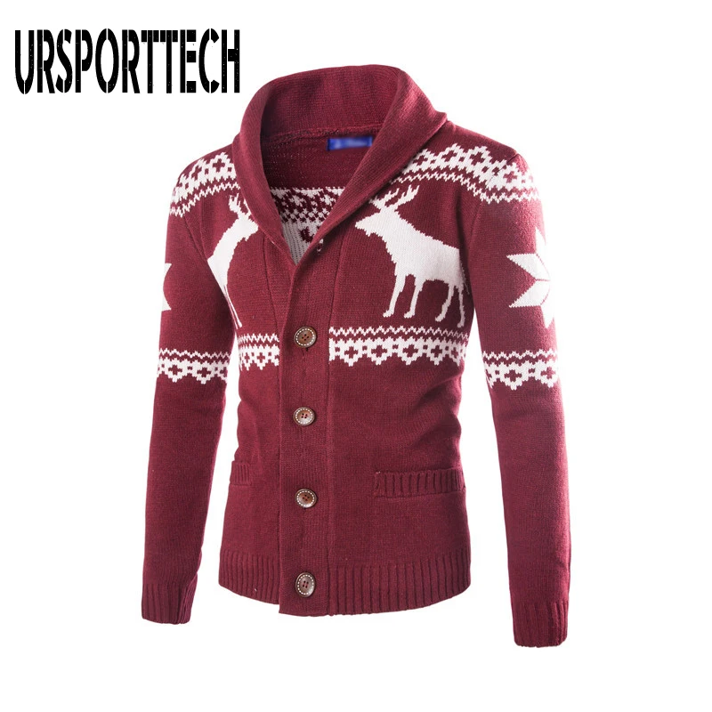 Мужской вязаный кардиган с V образным вырезом принтом оленя| |