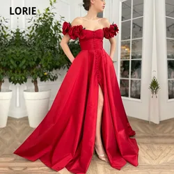 LORIE Arabic Evening Dress Red Off the Shoulder 3D Handmade Flowers Prom Gown Buttons Satin Wedding Celebrity Party Dresses