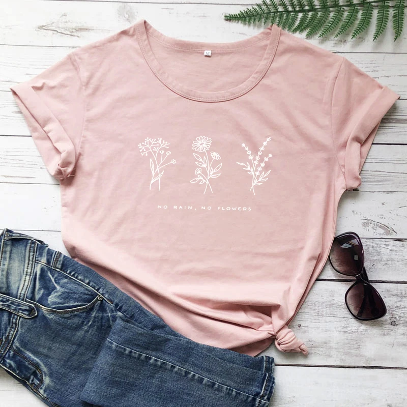 Без дождя без Футболка с цветами женские новые модные летние футболки с цветочным принтом топы винтажные женские Tumblr графические Забавные футболки размера плюс - Цвет: peach-white text