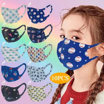 

10pcs Kids Printed Ice Silk Mouth Mask Protect Face Casual Mask Fabric Cover Washable Reusable Mondkapjes Breathable Mascarilla