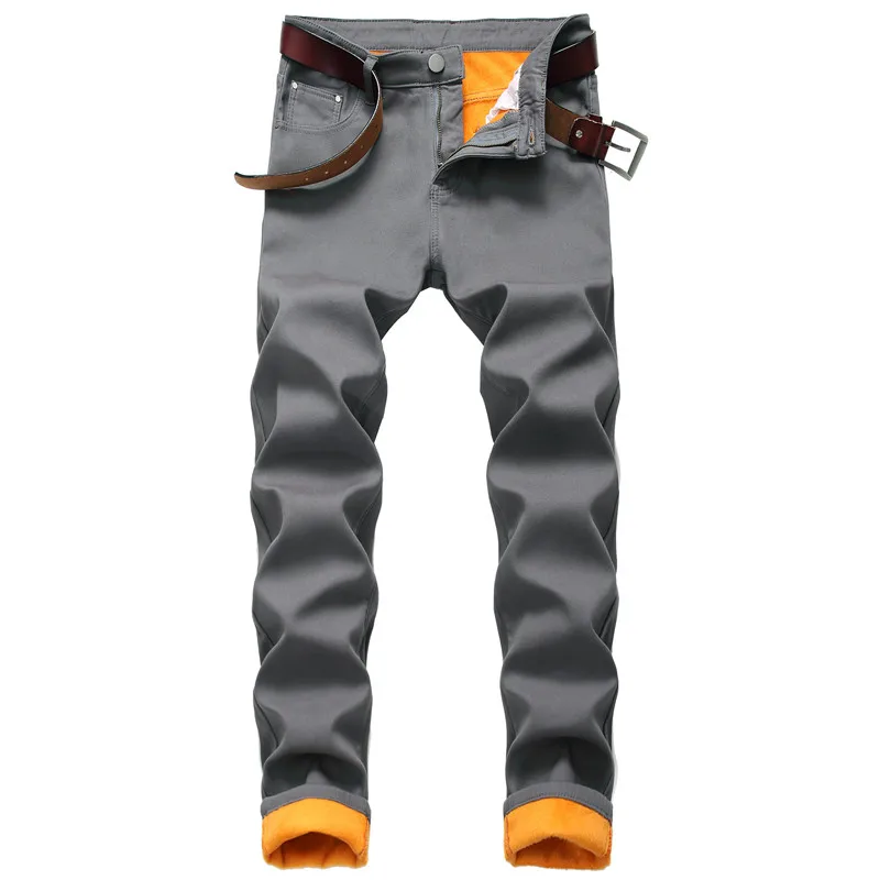 MORUANCLE мужские зимние теплые джинсы, брюки с флисовой подкладкой, утепленные джинсовые брюки прямые, подходят для сплошного воротника, Плюс Размер 28-42 - Цвет: Серый