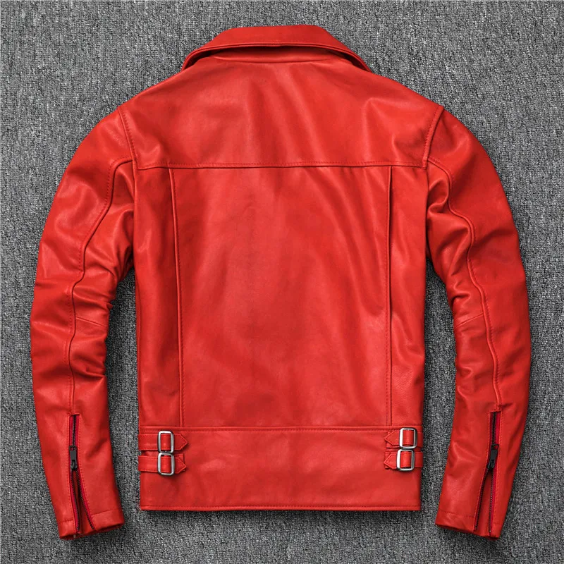 

2020 Red Men Autumn Slim Fit Biker's Leather Jacket Plus Size XXXXL Genuine Sheepskin Russian Motorcycle Leather Coat