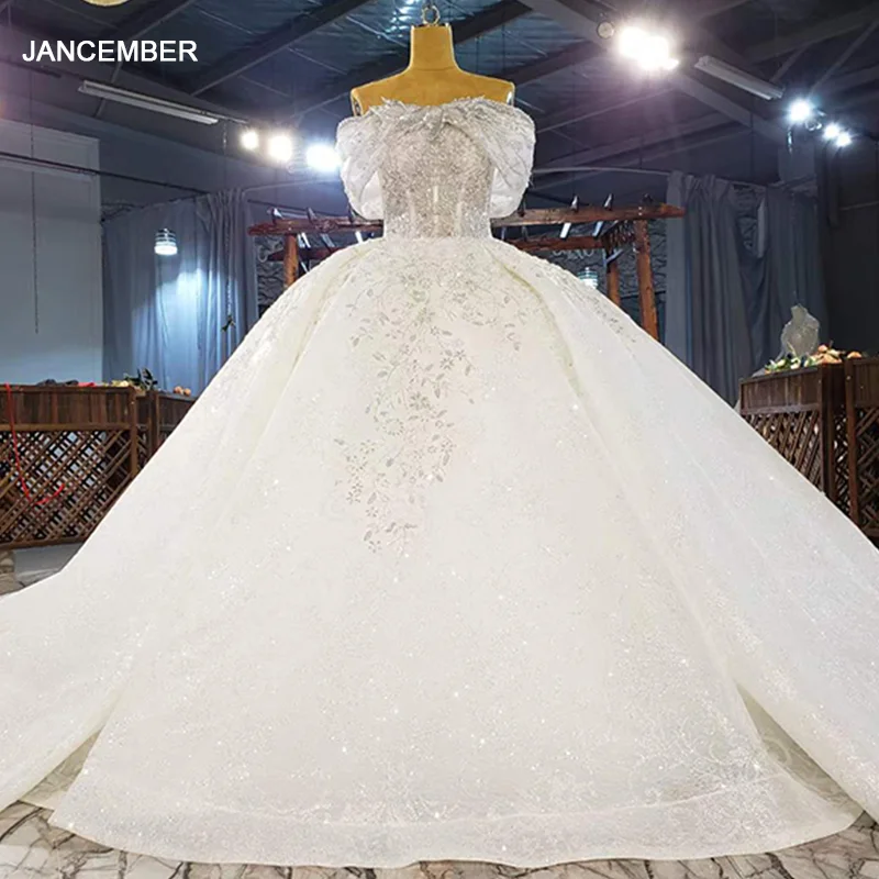 HTL1990 Elegant Extravagant Sequin Crystal Pearls Wedding Dress 2020 Sweetheart Short Sleeve Lace Up Back 1