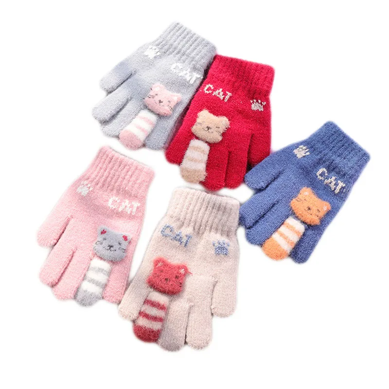 Новинка года, От 3 до 5 лет, высококачественные детские зимние теплые мягкие вязаные перчатки для мальчика, модные тонкие детские перчатки с рисунком кошки для девочек