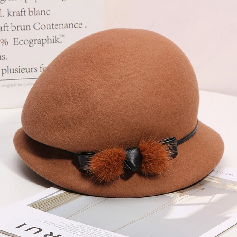 Mother Gift Lady Autumn And Winter Fashion Woolen Cloche Hats Woman Party Formal Top Grade Wool Felt Hat Cap LM079 - Цвет: Коричневый