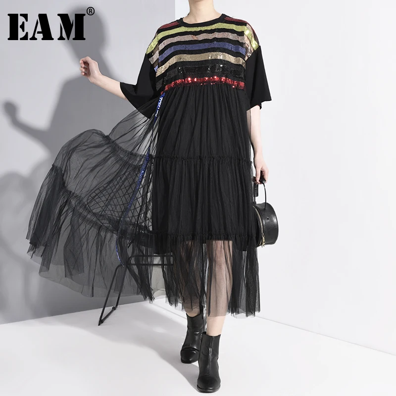 

[EAM] Women Black Mesh Sequins Striped Big Size Dress New Round Neck Half Sleeve Loose Fit Fashion Spring Summer 2020 JT44201