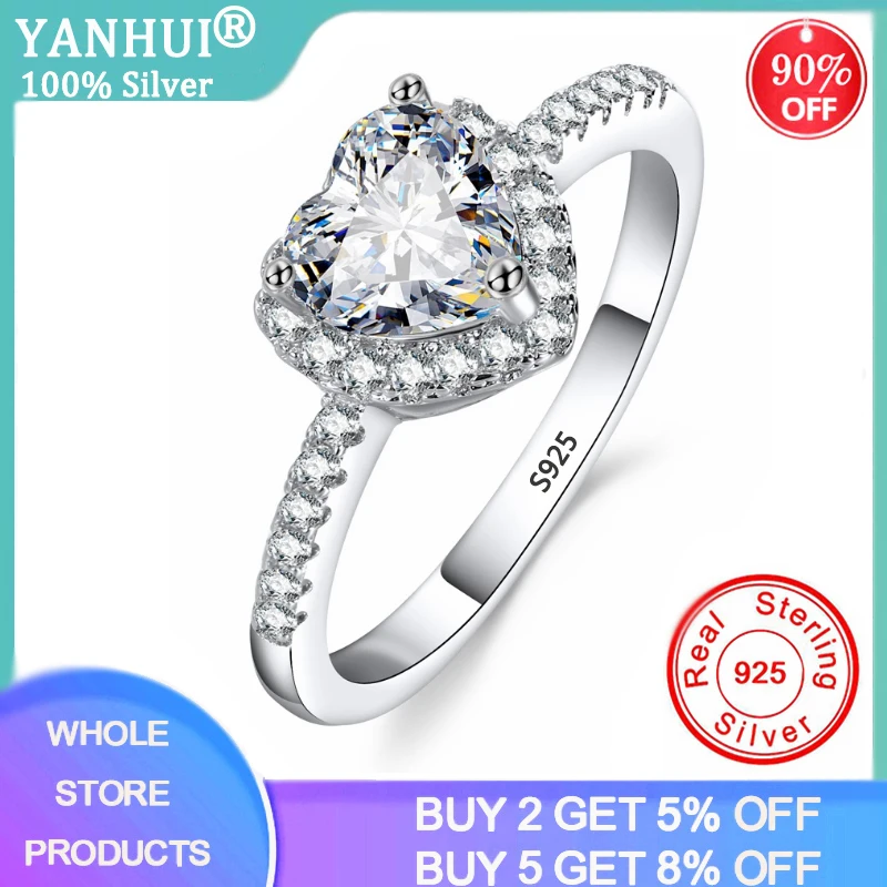 

YANHUI New Fashion Crystal Heart Shaped Wedding Rings Women's Zircon Engagement Rings Glamour Jewelry Silver Rings for Girl R146