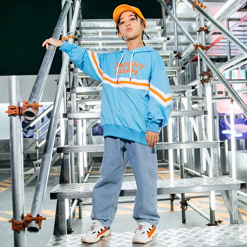 

Fashion Jazz Dance Costumes Kids Blue Hip Hop Street Dance Practice Wear Rave Outfit Boys Hooded Performance Clothing DC3283