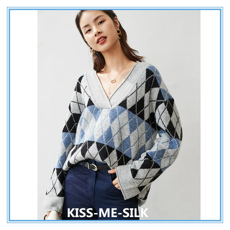 

KMS Cashmere college style classic contrast rhombus large v-neck loose version slim sweater
