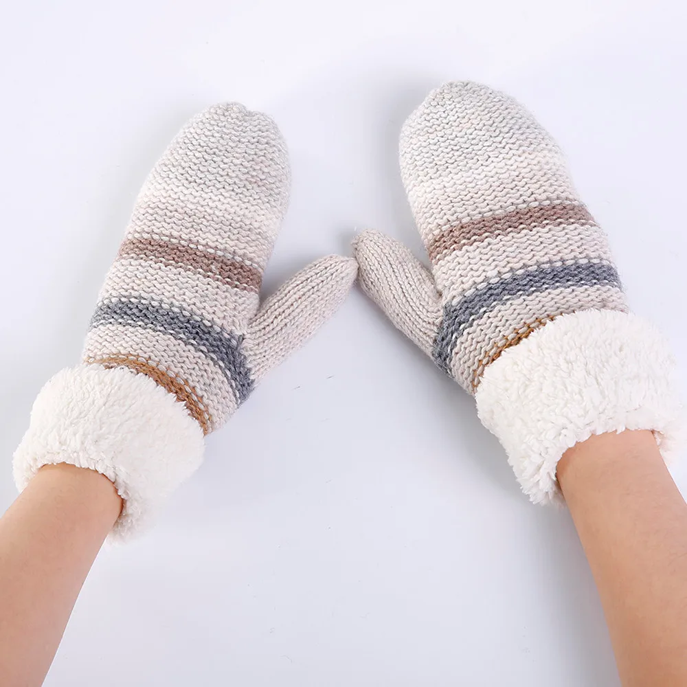 Fashion Women Stripe Gloves Full Fingers Wool Warm Mittens Winter Thicken Cold-Proof Plush Knitted Glove Female Gants Femme