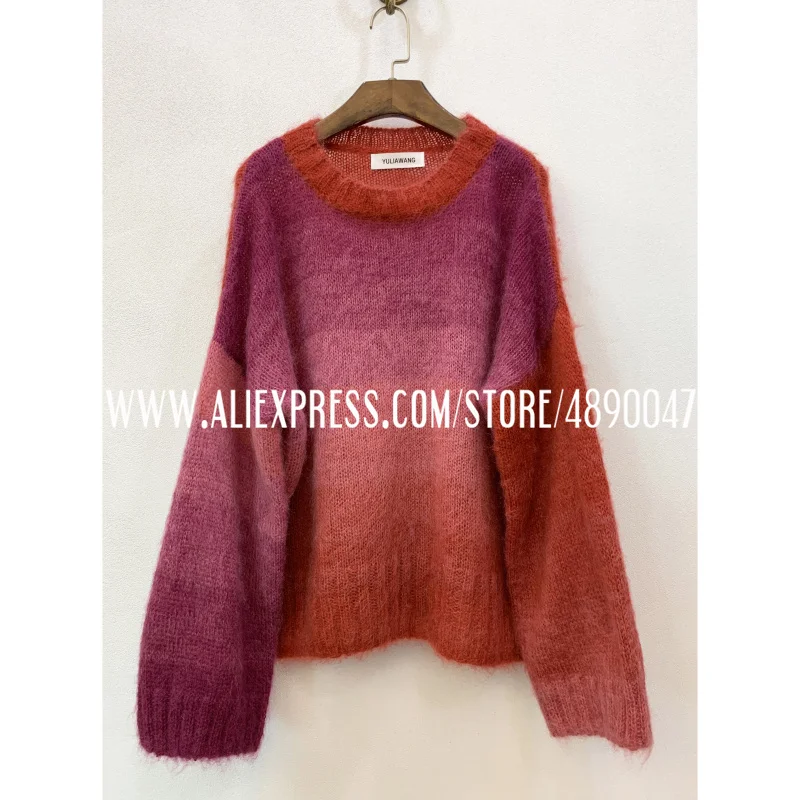 

Ladies basic knitted round neck sweater Women's Thin sweater pullover warm 2020 Mohair silk blend Loose Gradient color sweater