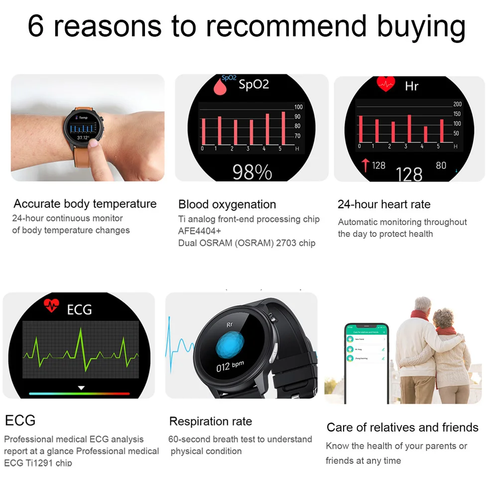Body Temperature Measurement ECG PPG Smart Watch
