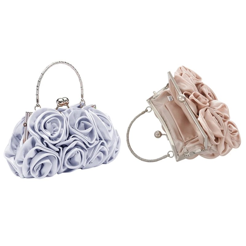 

LJL-2 Pcs Floral Ladies Clutch Bag Women Evening Party Bag Prom Bridal Diamante Baguette , Silver & Apricot