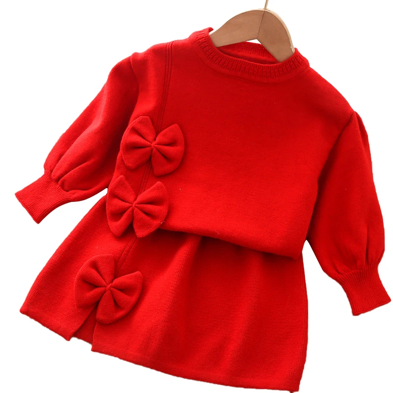 baby's complete set of clothing Baby girl 0-5Y clothes spring and autumn knitwear suit solid color bowknot sweater top + A-line skirt 2-piece princess knitwear newborn baby clothing set Baby Clothing Set