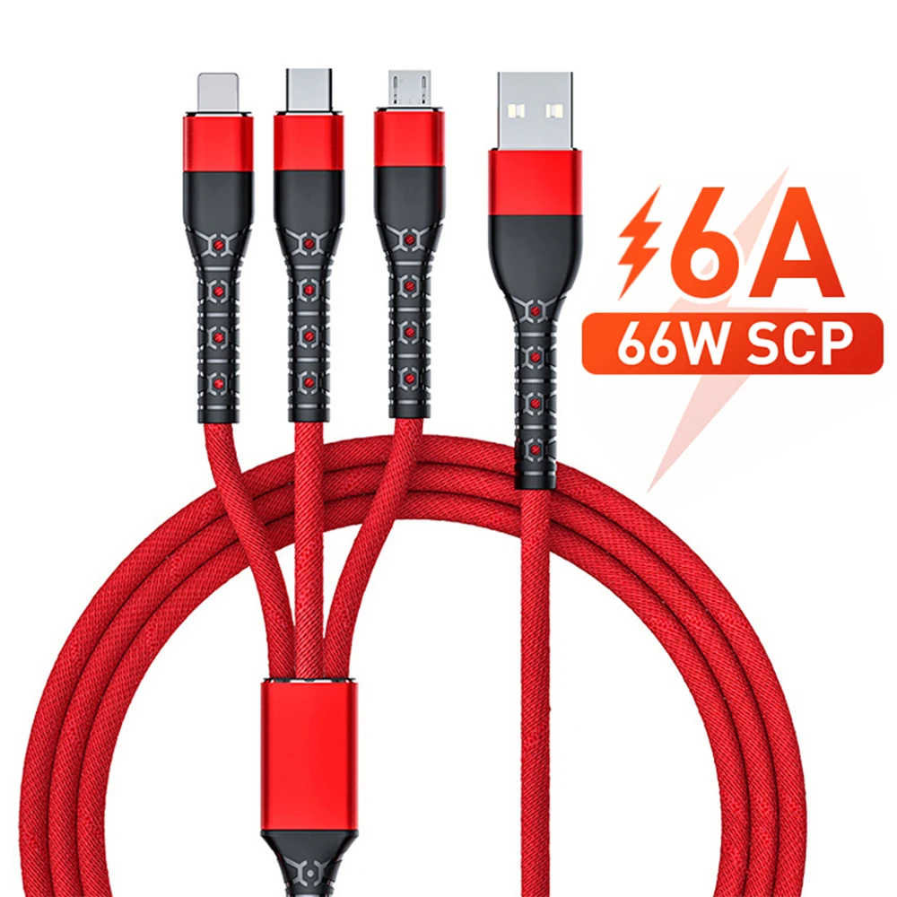 3 in 1 6A USB Cable Fast Charger Wire Type C/Micro USB/iOS Data For Apple Android Xiaomi Huawei Mobile Phone Chargers | Мобильные