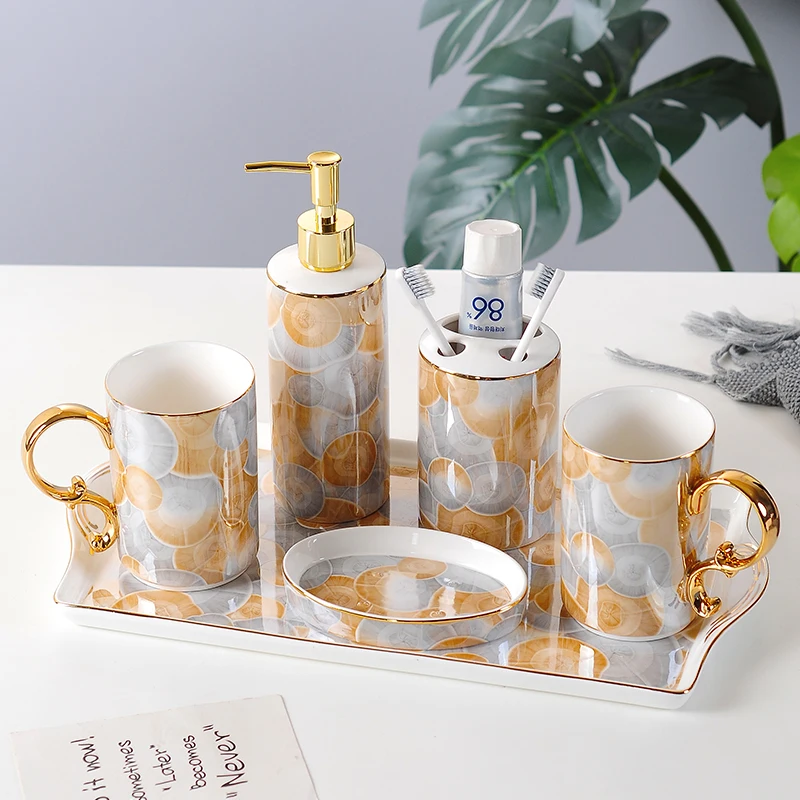 C1 six-piece set Набор для ванной, диспенсер для жидкого мыла, ледяной керамический держатель для зубных щеток, мыльница, зубная чашка, Товары для ванной комнаты - Цвет: C1 six-piece set