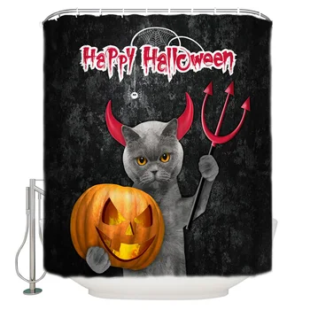 

Happy Halloween The Imp Cat Pumpkin Black Background Waterproof Polyester Hook Shower Curtain for Bathroom Decoration