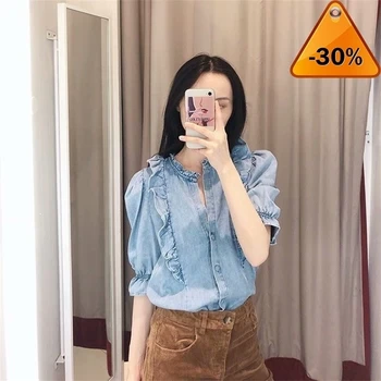 

Blouse Tiered Denim Ruffles Jeans Shirt Women Blue Puff Sleeve V Neck Ladies Top Camisa Korea Tunic Feminina Blusas